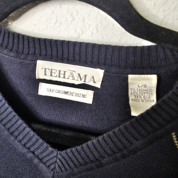 Tehama Silk Cashmere Blend Mens Argyle Sweater Size Large‎ Navy Blue V Neck - Picture 5 of 10